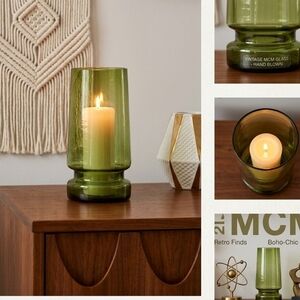 Vintage Green Glass Hurricane Candle Holder MCM Mid-century Modern